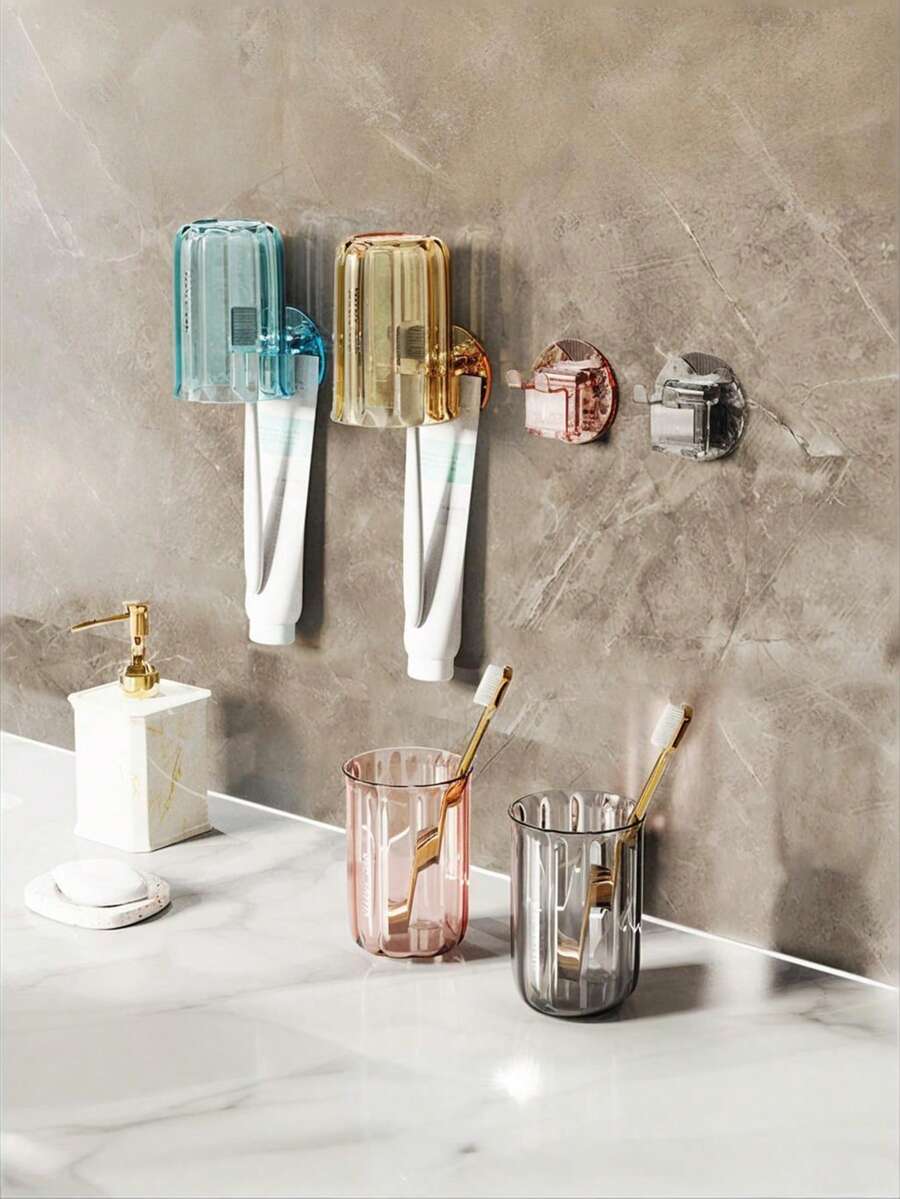 1 Set Toothbrush Holder With Rinse Cup, Wall Mounted No Drill Toothbrush Organizer, Electric Toothbrush & Cup Storage Rack For Bathroom, Dorm, Hotel, Home Use - Multicolor - View 1