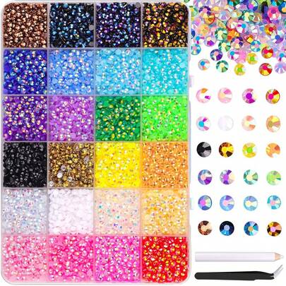 24 Colors Resin Crystal Diamond Decor Set, 3mm/4mm/5mm Multi-Color Flat Gems Suitable For Diamond Art, Nail Art, Crafts, Books, Makeup, Includes Tweezers And Pickup Pen Nails