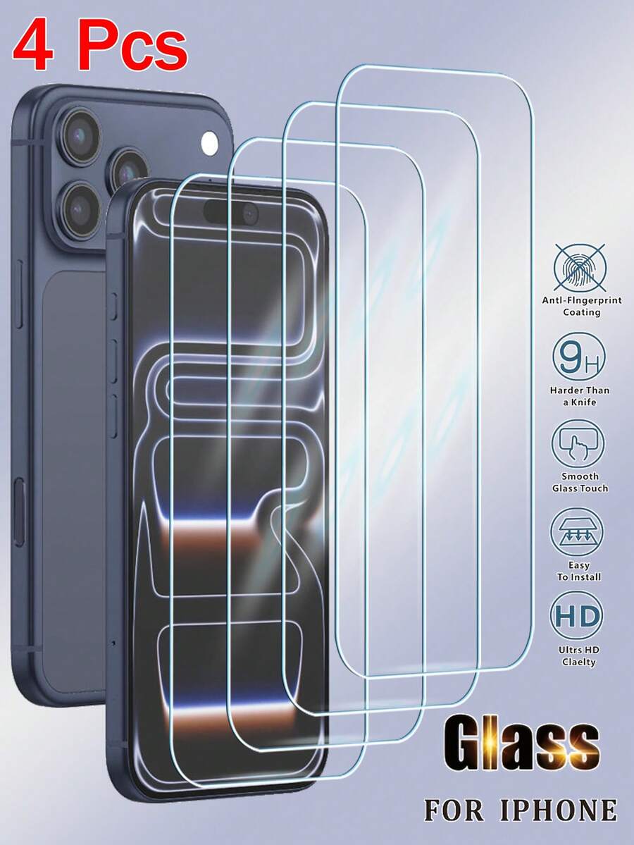 RQVQJ 4Pcs Full Screen Tempered Glass Protector Protect Screen Full Screen Phone Protective Film Compatible With IPhone 17 16 15 14 13 12 11 Pro Max XS X XR 16 15 14 Plus 17 Air Clear Protective Cover Glass Film