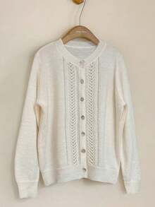 Elegant Women's Hollow Design Shell Button Knitted Long Sleeve Cardigan, Minimalist Sophisticated Women's Top - Apricot - View 1