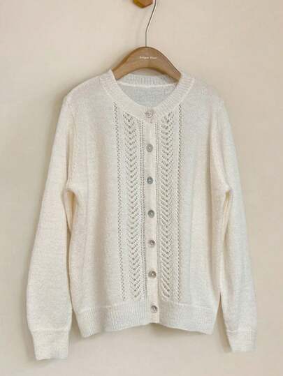 Elegant Women's Hollow Design Shell Button Knitted Long Sleeve Cardigan, Minimalist Sophisticated Women's Top