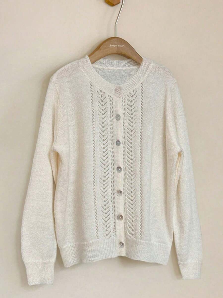 Elegant Women's Hollow Design Shell Button Knitted Long Sleeve Cardigan, Minimalist Sophisticated Women's Top - Apricot - View 1