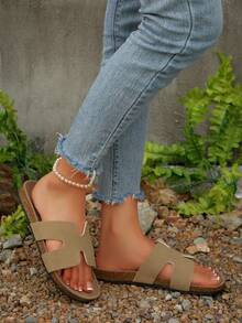 新款时尚别致平底凉鞋，女士踝带休闲鞋，适合日常街头穿搭 - 卡其色 - 查看 7