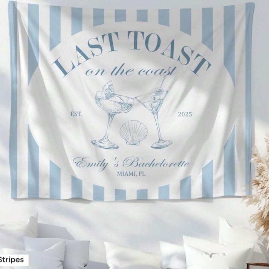 1PC Custom Beach Bachelorette Party Banner Decor Last Toast On The Coast Tapestry Sign Seashell Cocktail Martini Bach Weekend Photo Backdrop, 5 Sizes Available - 白色 - 查看 1