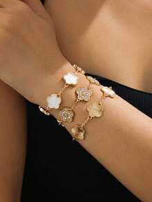 3件套奢华水钻镶嵌金色纹理白色四叶草手链套装（女士款） - 金黃色 - 查看 1