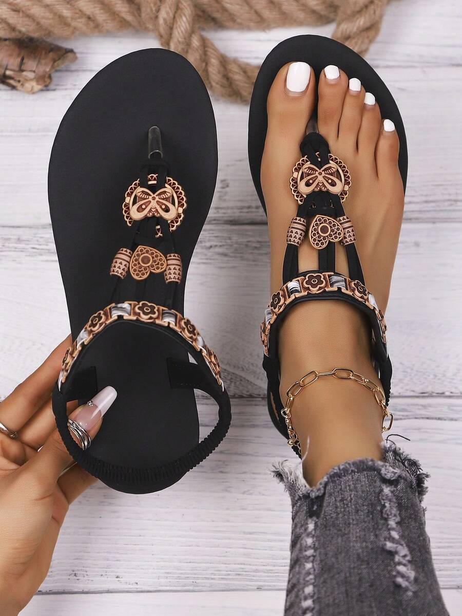 波西米亚风木质纽扣水钻装饰舒适轻便平底凉鞋 - 黑色 - 查看 1