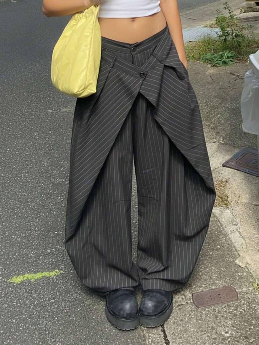 Rikumo Women's Long Wide Leg Woven Pants, With Button, Zipper And Pocket Details, Non-Stretch, Opaque, Fine Striped Design - Dark Grey - View 1