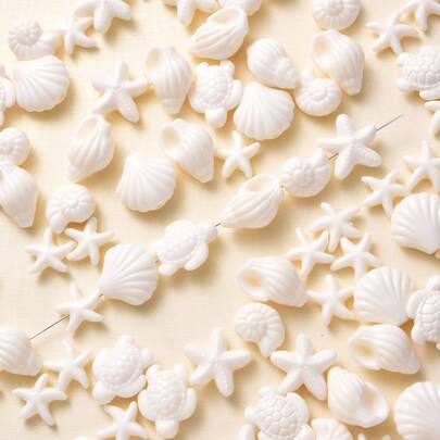 100颗海洋主题亚克力珠，夏季沙滩白色系列贝壳/海星/海龟造型珠子，适合DIY服装装饰配件、创意手工艺品