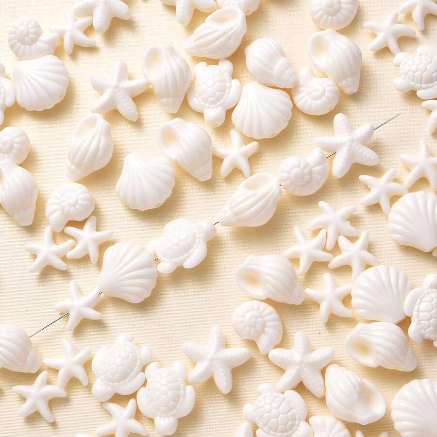 100pcs Ocean Theme Acrylic Beads, Summer Beach White Series Shell/Starfish/Turtle Shaped Beads, Suitable For DIY Clothing Decoration Accessories, Creative Handicrafts - White - View 1