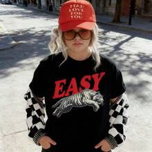 Easy Tiger Shirt Retro Boho Tee Unisex Aesthetic Shirt Graphic Tee Y2k Woman Teen Girls Tee Crew Neck Cool Summer Shirt Short Sleeve Top,Animal Fruite Pet Pattern, Women Graphic-Shirt, Fashion 2026,Gifts, Women's Clothing, Cartoon And Letter Printing, Comfortable Cotton Material, Skin Friendly, Soft And Cool, Spring Summer Women's-Shirt Clothing - 黑色 - 查看 1