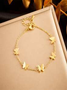 1Pc Fashion Minimalist Versatile 3D Butterfly Gold Plated Stainless Steel Chain Bracelet - Gold - View 6