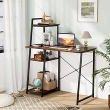 COSTWAY Computer Desk With Shelves, Small Home Office Desk With 3-Tier Storage Bookshelf, Modern Writing Desk With Ladder-Shaped Metal Frame, Rustic Brown - Brown - View 3