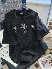 2026夏季新款女式休闲宽松圆领印花Y2K星形图案街头时尚水洗短袖T恤 - 黑色 - 查看 4