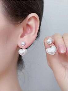 Minimalist Small Heart Faux Pearl Stud Earrings Korean Fashion Jewelry For Women Valentine's Mom Mother's Day Gift - White - 查看 2