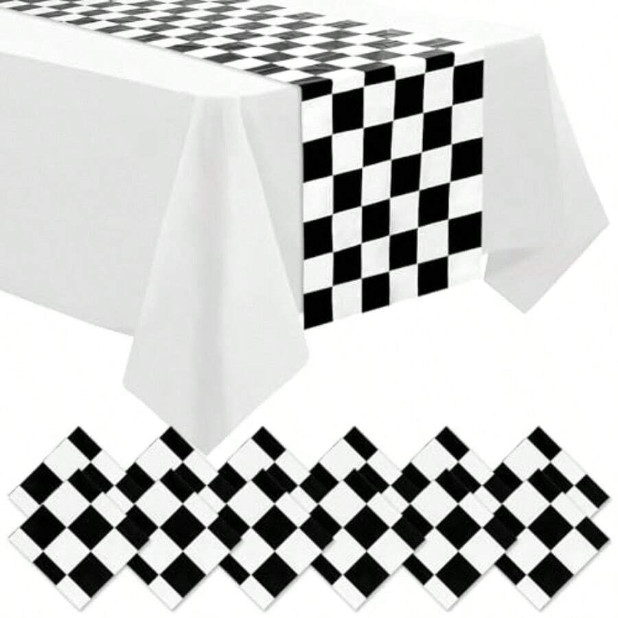 DEMIUKO 12 PCS Checkered Table Runner Black White Grid Table Runner Racing Car Plaid Party Table Decor Waterproof Plastic Table Mat Runner For Boy Two Fast Birthday Decorations Kitchen Home Dee - Black White Checkered - View 1