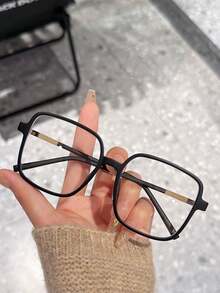 1副男女通用方形简约日常百搭TR半金属透明镜片眼镜 - 黑色 - 查看 9