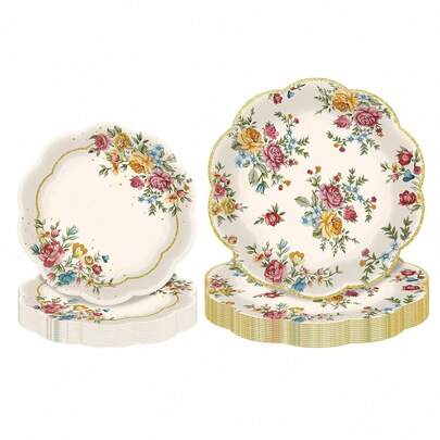 10pcs/20pcs/40pcs/50pcs, Vintage Floral Party Supplies Tableware Set Tea Party Decorations Flower Scalloped Paper Plates With Golden Glitter Edge,Retro Spring Floral Disposable 7inch And 9inch Paper Plates For Tea Parties, Bridal Showers, Weddings, Birthdays, Mother's Day, And Garden Celebrations