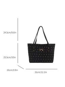 Tas Tote Kasual Kapasitas Besar Motif Berlian Warna Solid dengan Pita, Model Baru 2025, Tas Tangan Fashion Minimalis - Hitam - View 3