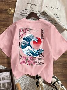Áo thun nữ tay ngắn cổ tròn dáng rộng, họa tiết dễ thương, thời trang mặc hàng ngày và đi nghỉ mát. Áo thun tay ngắn cổ tròn in hình sóng hoàng hôn đảo Tokyo cho nữ, mềm mại, rộng rãi và thoải mái, phong cách đường phố cao cấp và áo tay ngắn đa năng màu hồng mùa hè. - Hồng - Xem 4