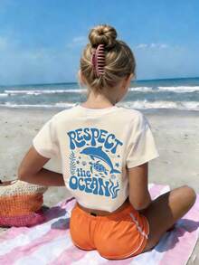 Tween Girls Students Casual Printed Round Neck Short Sleeve T-Shirt, Summer Top - Apricot - View 8