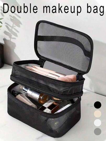 1pc Multi-Functional Mesh Cosmetic Bag, Double-Layer Travel Toiletry Organizer, Large Capacity Makeup Storage Bag With Multiple Compartments, Convenient Handbag For Cosmetics, Brushes, Skincare, Digital Accessories, Great Gift For Christmas, Valentine's Day, Mom, Friends, Teachers