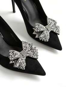 1 Pair Detachable 3D Sequin Bow Shoe Clips, Black Fabric Base With Dense Silver Round Sequins And Rhinestones, Adding Sparkle To Daily Outfits - Black - View 1