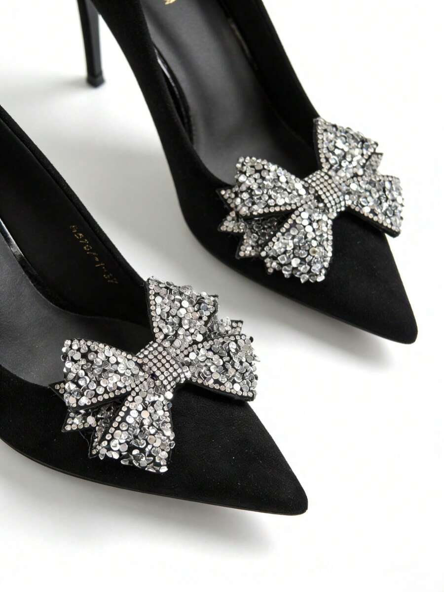 1 Pair Detachable 3D Sequin Bow Shoe Clips, Black Fabric Base With Dense Silver Round Sequins And Rhinestones, Adding Sparkle To Daily Outfits - Black - View 1