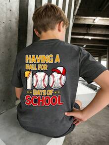 男童休闲印花圆领短袖T恤，夏季上衣 - 深灰色 - 查看 8