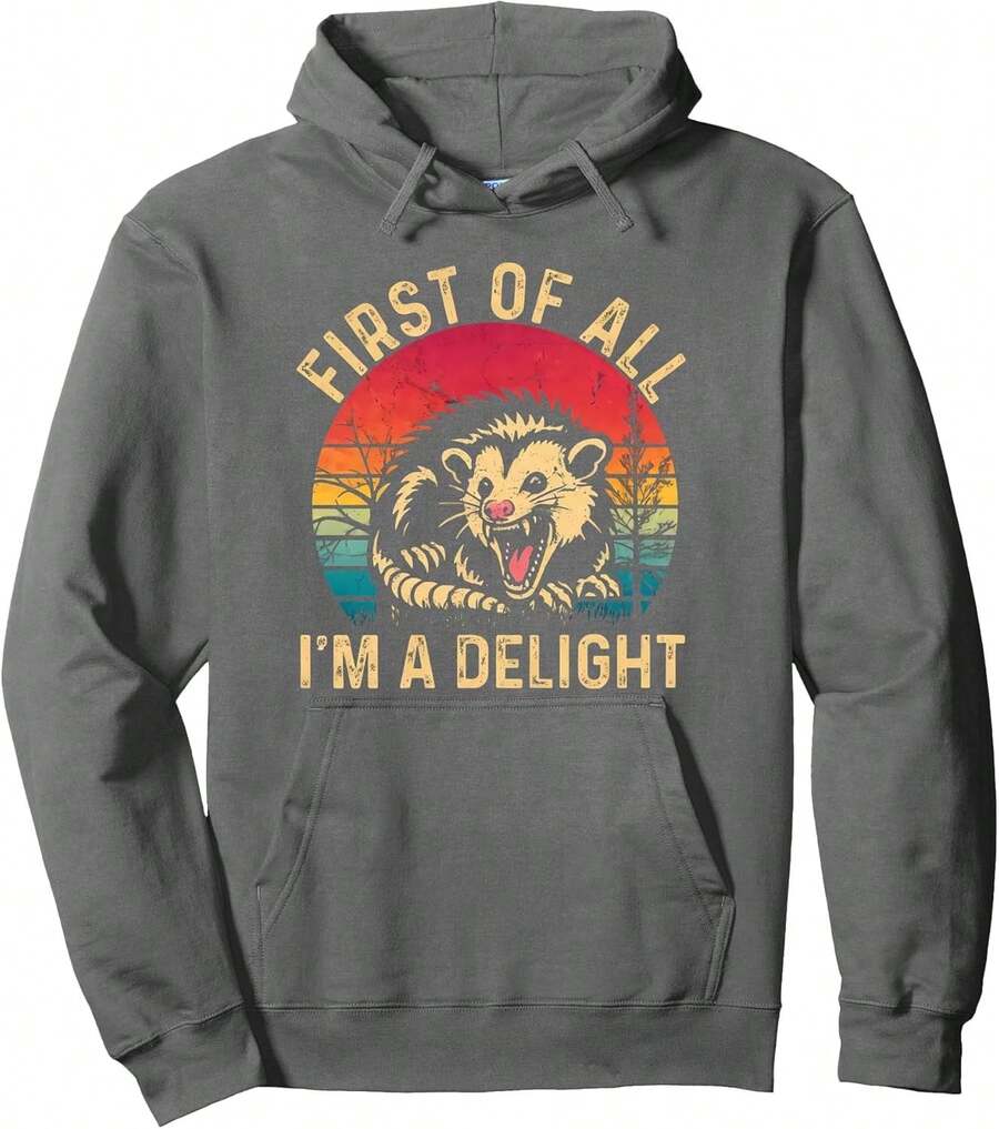 Vintage Retro First Of All I'm A Delight Angry Possum Pullover Hoodie - Black - View 1
