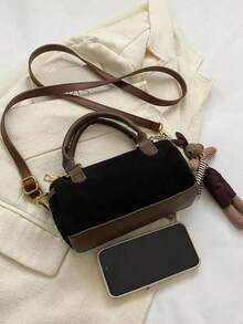 Fashionable High-End Cylinder Boston Bag For Women, Versatile Handheld/Shoulder/Crossbody Bag With Zipper, Frosted Pu Leather - Black - View 6