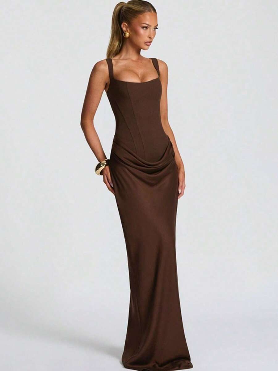 2026 New Arrival Women's Hot-Selling Dress - Sexy Fashion Ruched Waist Sleeveless Cami Bodycon Essential - 咖啡棕 - 查看 1