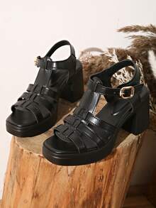 Giày sandal cao gót nữ màu đen thanh lịch bằng chất liệu PU, đế cao, thích hợp cho hoạt động ngoài trời, dự tiệc, tụ họp, nhẹ nhàng và thoải mái với quai cài mắt cá chân và gót dày. - màu đen - Xem 5