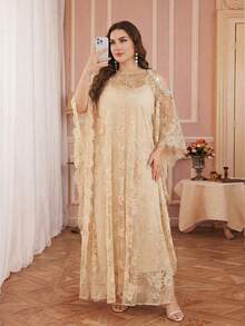 Plus Size French Retro Lace Round Neck Dress With Luxurious Beaded Decor, Adjustable Strap Slip Dress, Romantic 2 Pieces Set Summer Elegant - Apricot - View 6