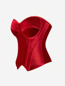 Women's Strapless Bustier, Side Zipper Design, Back Tie Closure, Regular Length Crop Top, Suitable For Party, Ball, Halloween, Retro Outfit Summer - Red - View 5