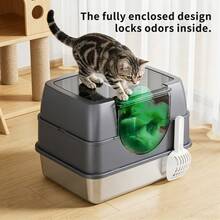 Litter Box With Lid, Stainless Steel Litter Box, Small Litter Pan For Kittens, Enclosed Cat Litter Pan, Non-Sticky Covered , Easy Clean - 50*35*35cm - View 10