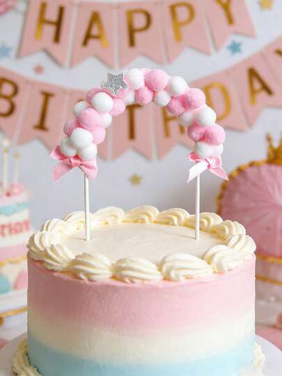 1个彩色拱形球蛋糕装饰旗 - 粉色和蓝色柔软绒球纸杯蛋糕装饰插牌，性别揭晓派对，DIY蛋糕装饰，适合婴儿派对性别揭晓派对