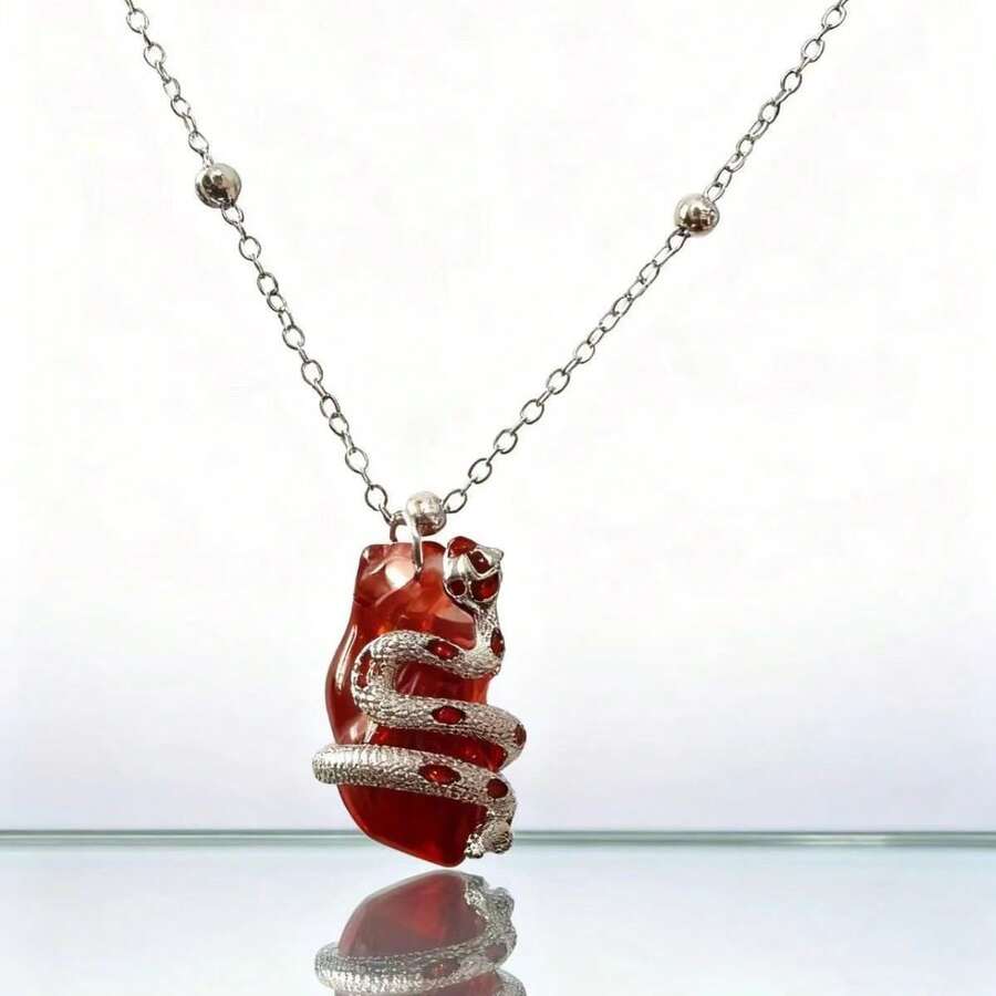 1件哥特暗黑风格个性化夸张蛇缠绕树脂心形吊坠可调节铜项链，礼物，度假风，派对，夜店，日常休闲佩戴 - 蛇 - 查看 1