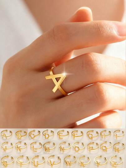 1枚26字母可调节开口戒指，女士款，金色不锈钢字母戒圈，适合日常佩戴和叠戴