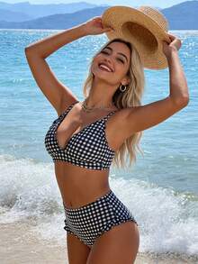 Giufajk 2 Piece Women High Waisted Bikini Sets Retro Striped/Plaid Ruffled V Neck Push Up Bra Top And Bottom Swimsuits Tummy Control Sexy Brazilian Bathing Suits Beachwear Pool Vacation Summer - 黑色 - 查看 6