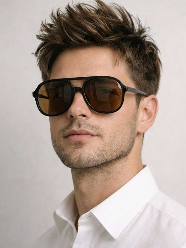 1 Pair Men's Black Round PC Frame Glasses, Minimalist Solid Color Retro Double Bridge Street Style Vacation Fashion Eyewear