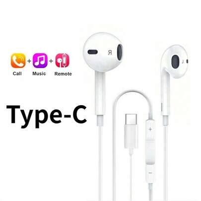 有线入耳式耳机，兼容 17 Pro Max/17 Pro/17/Air/16/15 系列，配备 USB-C 接口，带遥控器，可调节音乐和通话音量 - 白色