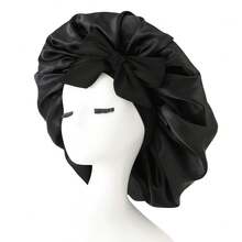 [Pink Satin Bonnet] Soft Luxurious Pink Satin Bonnet - Adjustable Tie Band & Bow Accent, Comfortable Ruffled Design For A Snug Fit, Hair Protection |   Satin Cap |   Smooth Satin Finish For Women & Men - [黑色]1 件 - 查看 8