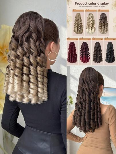 14-Inch Long Wavy Heat-Resistant Synthetic Fiber Ponytail Wig, Ombre Brown To Black Brown To Gold To Wine Red, Suitable For Women, Christmas, Halloween, Music Festivals, And Daily Use
