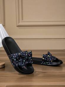 女童舒适时尚休闲轻便蝴蝶结家居拖鞋，夏季款 - 黑色 - 查看 1