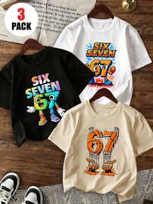 3pcs/Set Tween Boys Casual Printed Round Neck Short Sleeve T-Shirts, Summer Tops - Multicolor - View 1