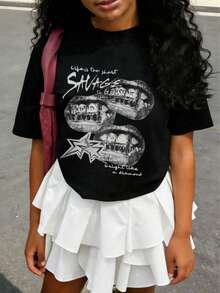 Tween Girl Cotten Clothes,Y2K-Inspired Letter Print T-Shirt - Casual Crew Neck, Short Sleeve, Machine Washable - Perfect For Spring/Summer/Fall,Fashion, Streetwear, Unisex, Men, Women - màu đen - Xem 4
