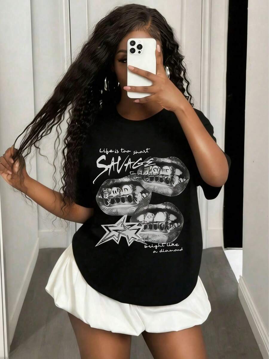 Tween Girl Cotten Clothes,Y2K-Inspired Letter Print T-Shirt - Casual Crew Neck, Short Sleeve, Machine Washable - Perfect For Spring/Summer/Fall,Fashion, Streetwear, Unisex, Men, Women - màu đen - Xem 1