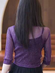 女士亮面长袖透明前系带开衫，派对轻薄短款披肩 - 彩色 - 查看 9