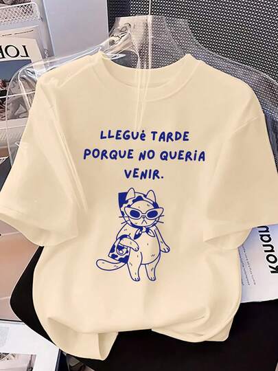 Camiseta de manga corta de cuello redondo con estampado de gato de moda fresca de talla grande, nueva primavera 2026