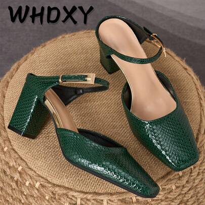 Women's Elegant Olive Green Snake Skin Pattern Square Toe Chunky Heel Shoes, One-Strap Open Toe Sandals, Graceful Lady Style
